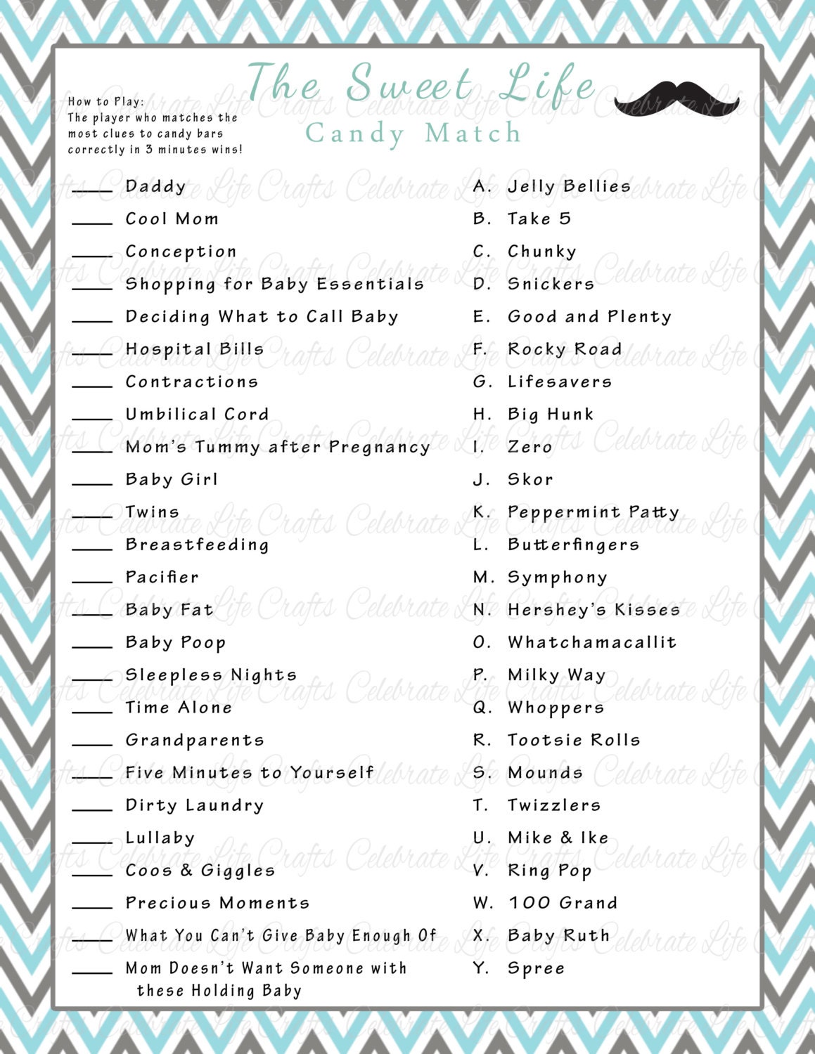 Baby Shower Sweet Life Candy Bar Match Game Printable Baby Shower Games