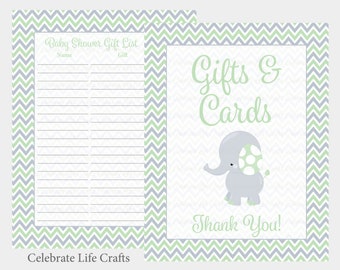 Elephant Baby Shower Gift List and Gift Table Sign - Printable Gift Record Baby Gifts - Yellow Elephant Baby Shower - PDF Download B3006