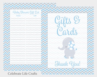 Elephant Baby Shower Gift List and Gift Table Sign - Printable Gift List Set & Table Sign -  Blue Elephant Baby Shower - PDF Download B3004