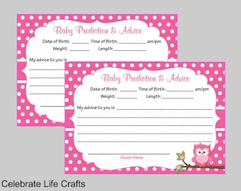 Baby Shower Prediction and Advice Cards Mommy - Printable Baby Shower Games and Activities- Pink Owl Baby Girl - B2003