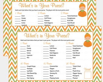 What's in Your Purse Baby Shower Game - Printable Little Pumpkin Baby Shower Games - Orange & Green Chevrons - B21001