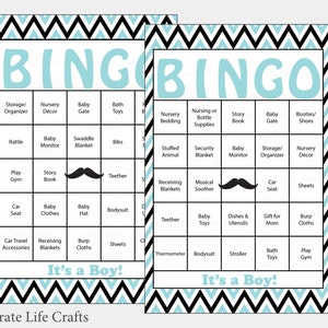 30 Little Man Baby Shower Bingo Cards 30 Prefilled Bingo Cards Boy Baby Shower Game Aqua Black Printable B1004 image 1