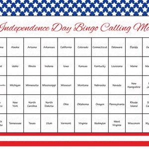 100 4th of July Printable Bingo Cards Patriotic 50 US States Theme, Stars & Stripes Independence Day Party Game, Red White and Blue image 2