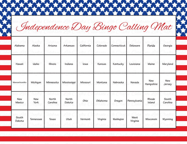 100 4th of July Printable Bingo Cards Patriotic 50 US States Theme, Stars & Stripes Independence Day Party Game, Red White and Blue image 2