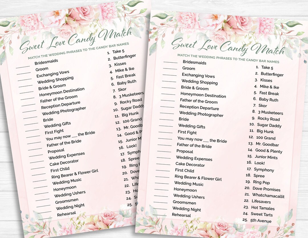 Bridal Shower Games | Sweet Love Candy Match Game | Blush Bridal Shower ...