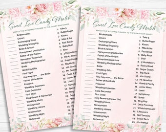 Bridal Shower Games | Sweet Love Candy Match Game | Blush Bridal Shower | Pink Watercolor Flowers Wedding Game | Printable Download BR1007