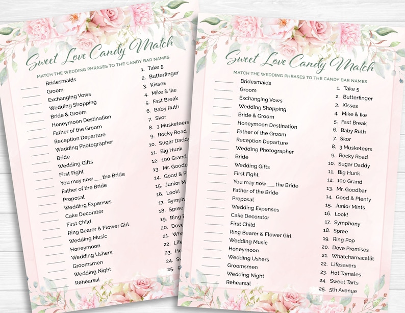 Bridal Shower Games Sweet Love Candy Match Game Blush Bridal Shower Pink Watercolor Flowers Wedding Game Printable Download BR1007 image 1