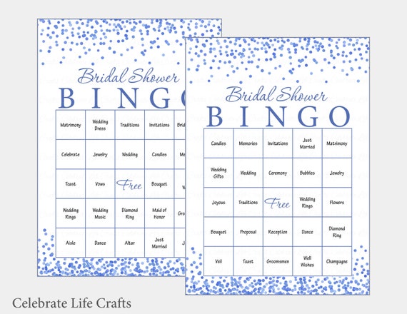 60 Bridal Bingo Cards Blue Bridal Shower Bingo Game Confetti Etsy