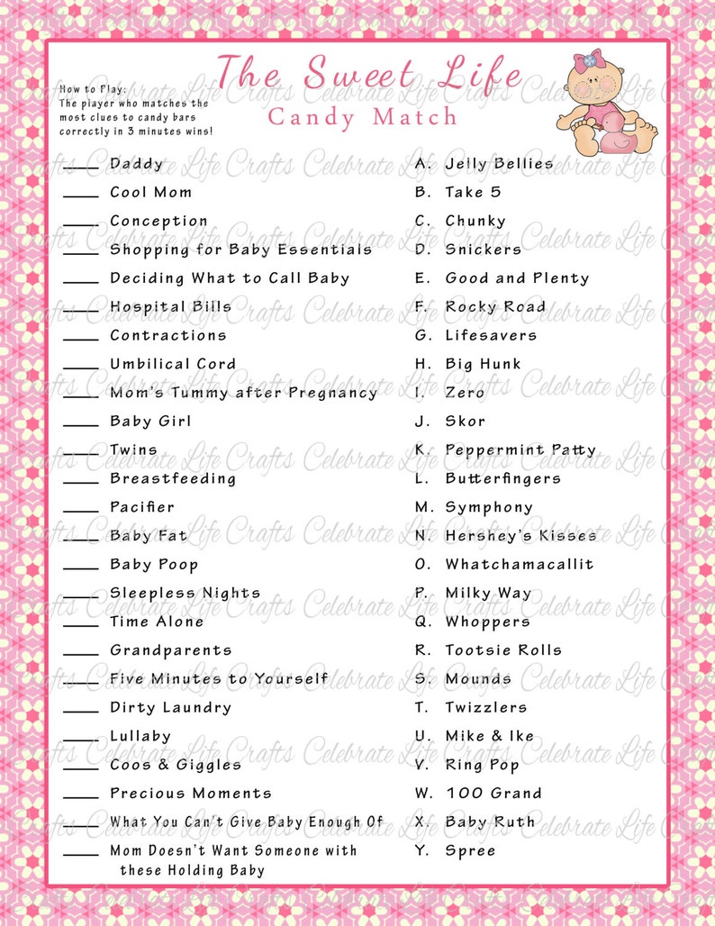 Baby Shower Sweet Life Candy Bar Match Game Printable Baby Shower Games