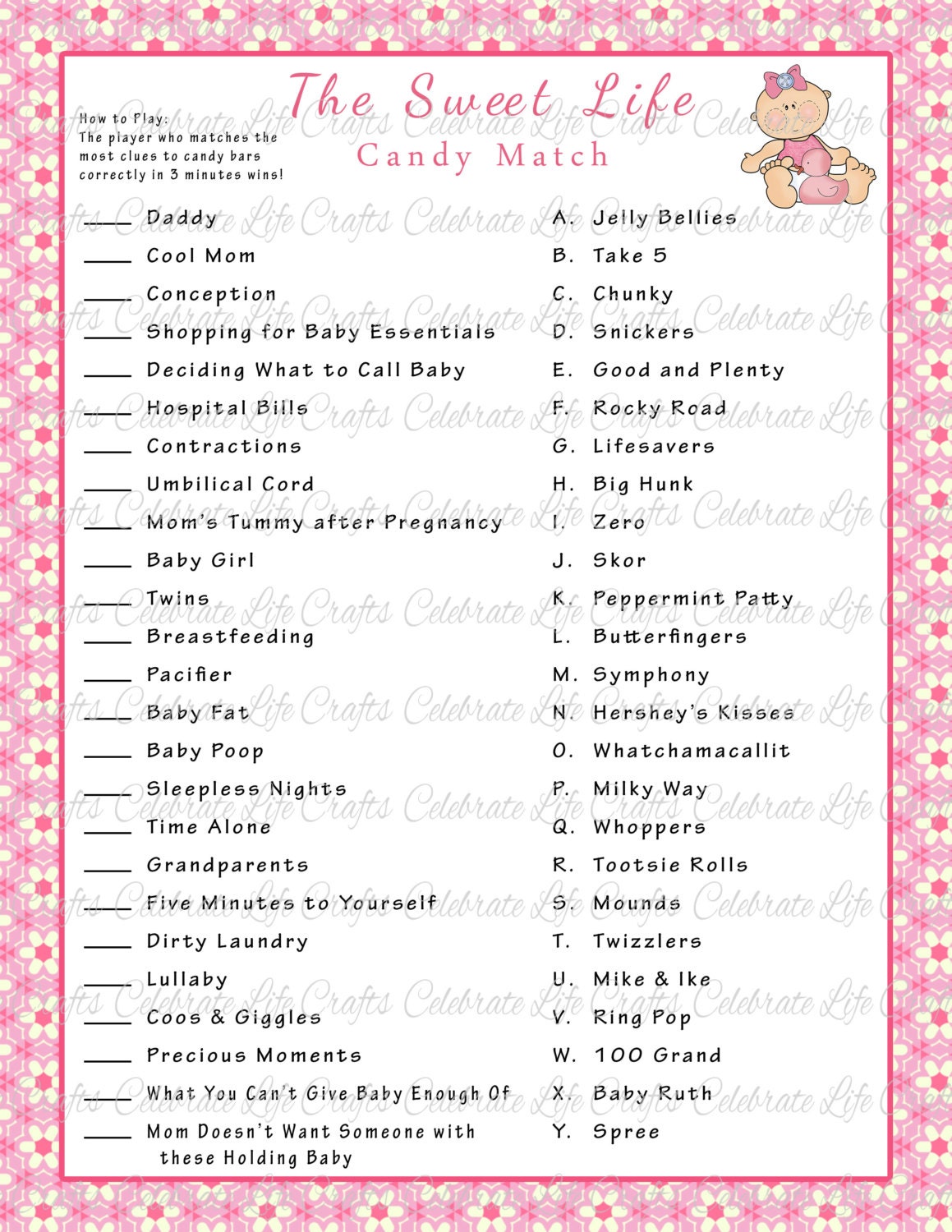 Baby Shower Sweet Life Candy Bar Match Game - Printable Baby Shower ...