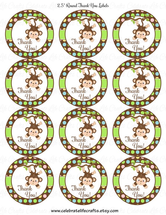 Baby Shower Printable 2.5 inch Round Labels Favor Tags - Printable Baby Shower Party Decorations - Jungle Animals Monkey - N019