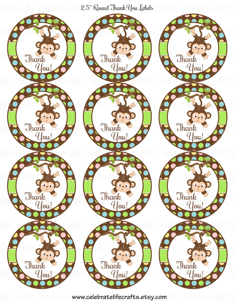 Baby Shower Printable 2.5 inch Round Labels Favor Tags Printable Baby Shower Party Decorations Jungle Animals Monkey N019 image 1