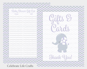 Elephant Baby Shower Gift List and Gift Table Sign - Printable Gift Record Baby Gifts - Purple Elephant Baby Shower Girl -PDF Download B3007