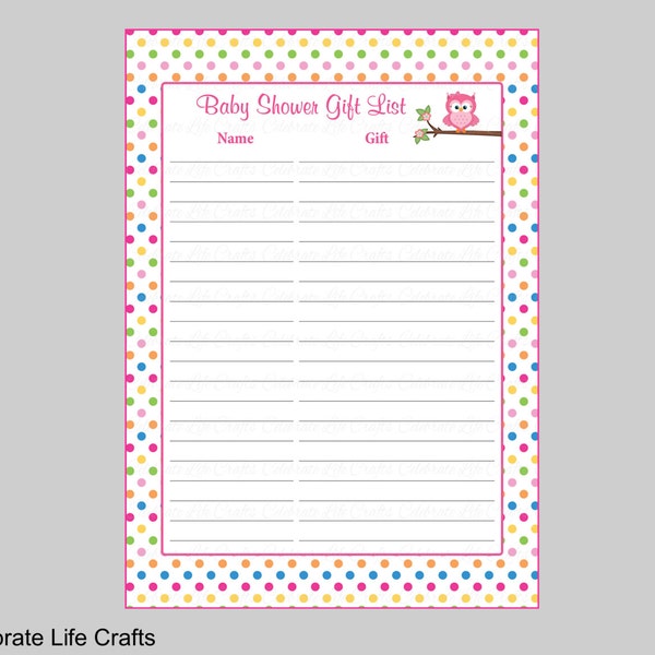 Owl Baby Shower Gift List - Printable Baby Shower Gift Record Sheet for Thank You Notes - Rainbow Polka Dots Owl Baby Shower Theme B2009