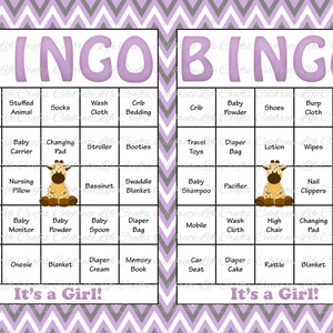 60 Baby Shower Bingo Cards Printable Party Baby Girl Instant Download Lavender and Gray Giraffe Baby Shower Gift Bingo G027 image 1