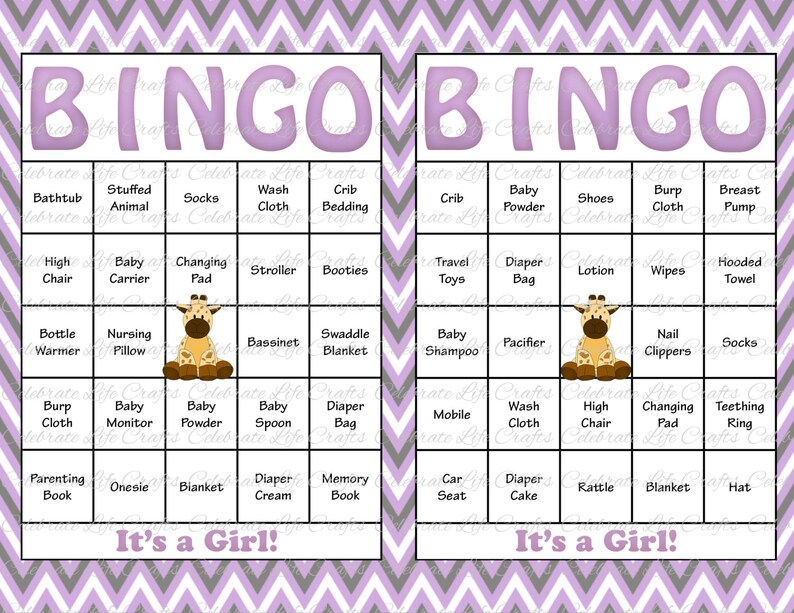 60 Baby Shower Bingo Cards Printable Party Baby Girl Instant Download Lavender and Gray Giraffe Baby Shower Gift Bingo G027 image 1