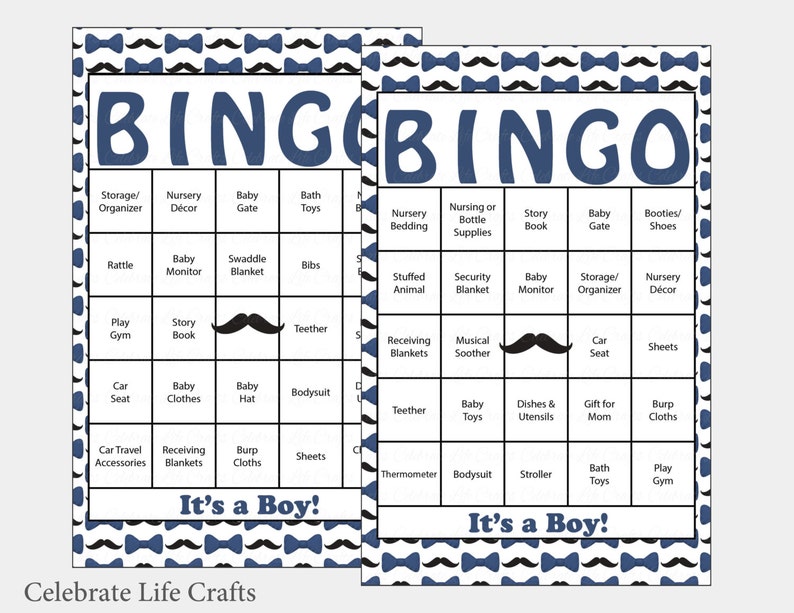 100 Little Man Baby Shower Bingo Cards Prefilled Bingo Cards Boy Baby Shower Game Navy Blue Printable Download B1002 image 1