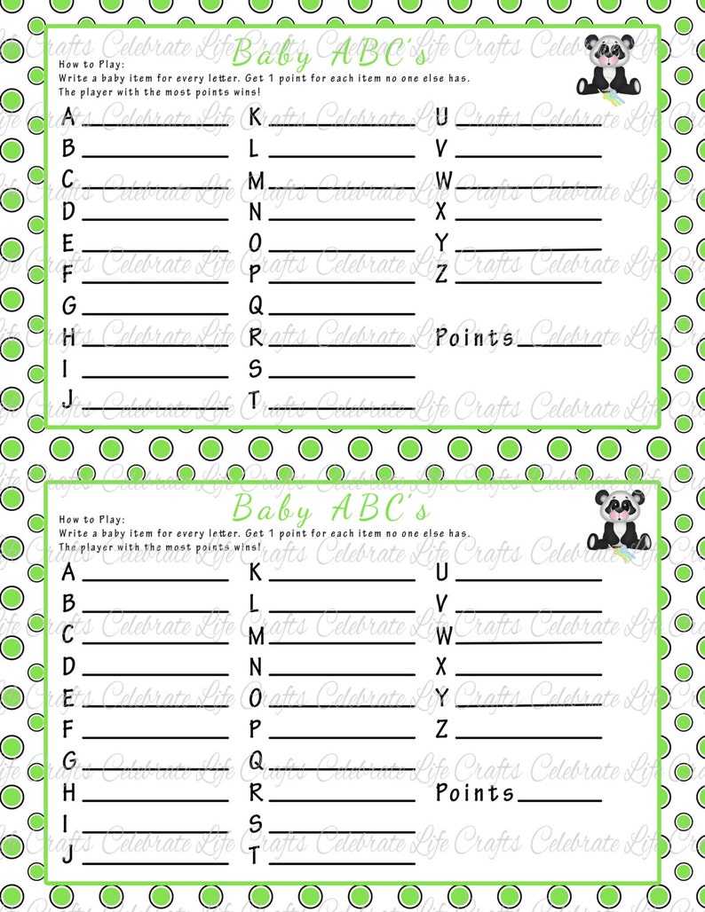 Baby Shower Baby ABC Game Printable Baby Shower Games Lime Green Panda Baby Boy B025 image 1