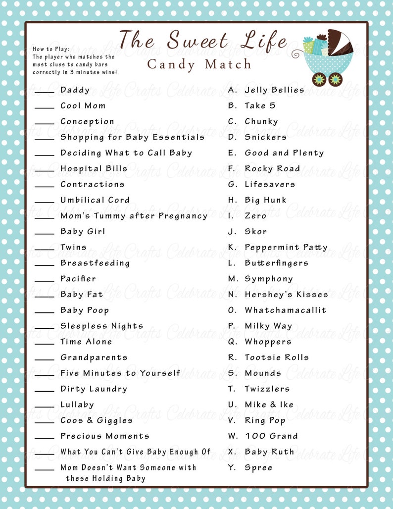 Baby Shower Sweet Life Candy Bar Match Game Printable Baby Etsy