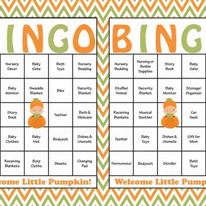 30 Little Pumpkin Baby Shower Bingo Cards 30 Prefilled Bingo Cards Boy Baby Shower Game Green Orange Printable Download B21001 image 2