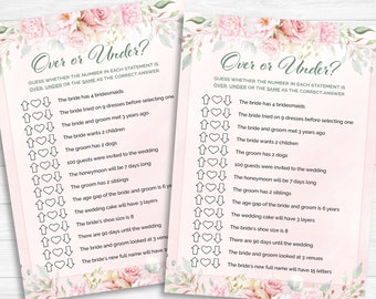 Over or Under Bridal Shower Game | Bridal Shower Activity | Pink Watercolor Flowers | Blush Wedding Activity | Printable Download BR1007