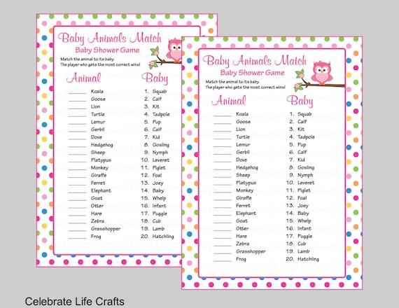 Baby Animals Match Game with Answer Key - Printable Baby Shower Game - Baby Girl Owl Baby Shower ...