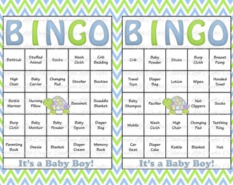 60 Baby Shower Bingo Cards - Printable Party Baby Boy - Instant Download - Green Baby Blue Chevron Turtle Baby Shower Gift Bingo B026