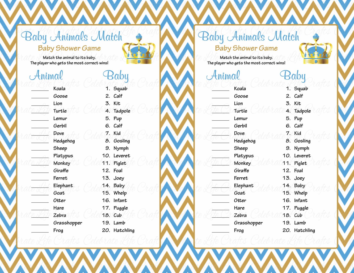 Baby Animals Match Game Printable Baby Shower Game Baby Boy Little ...