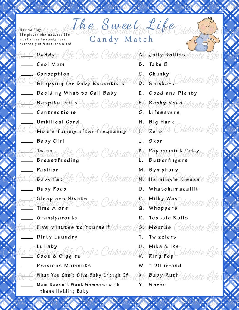 Baby Shower Sweet Life Candy Bar Match Game - Printable Baby Shower ...