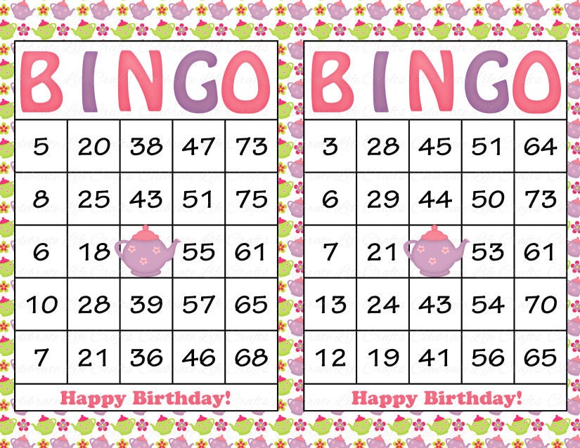 30 Pink Purple Green Tea Party Birthday Printable Bingo Cards | Etsy