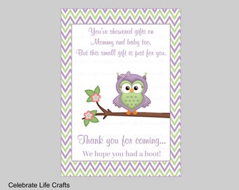Owl Baby Shower Thank You Favor Sign - Printable Baby Shower Favor Table Sign - Owl Baby Shower Theme - Green Purple Chevrons B2005