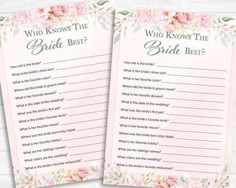 Who Knows The Bride Best Bridal Shower Game | Floral Bridal Shower Games | Pink Watercolor Flowers Wedding Game | Printable Download BR1007