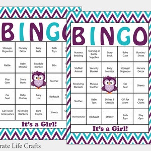 30 Owl Baby Shower Bingo Cards 30 Prefilled Bingo Cards Girl Baby Shower Game Purple Teal Chevron Printable Download B2007 image 1