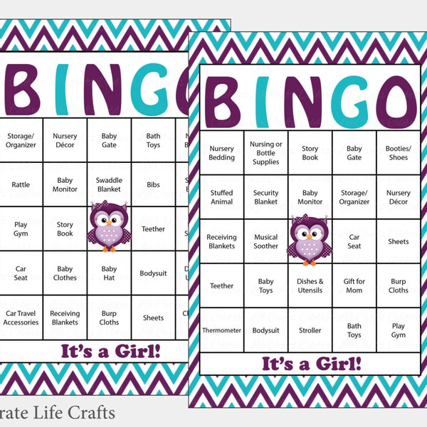 30 Owl Baby Shower Bingo Cards - 30 Prefilled Bingo Cards - Girl Baby Shower Game - Purple Teal Chevron - Printable Download - B2007