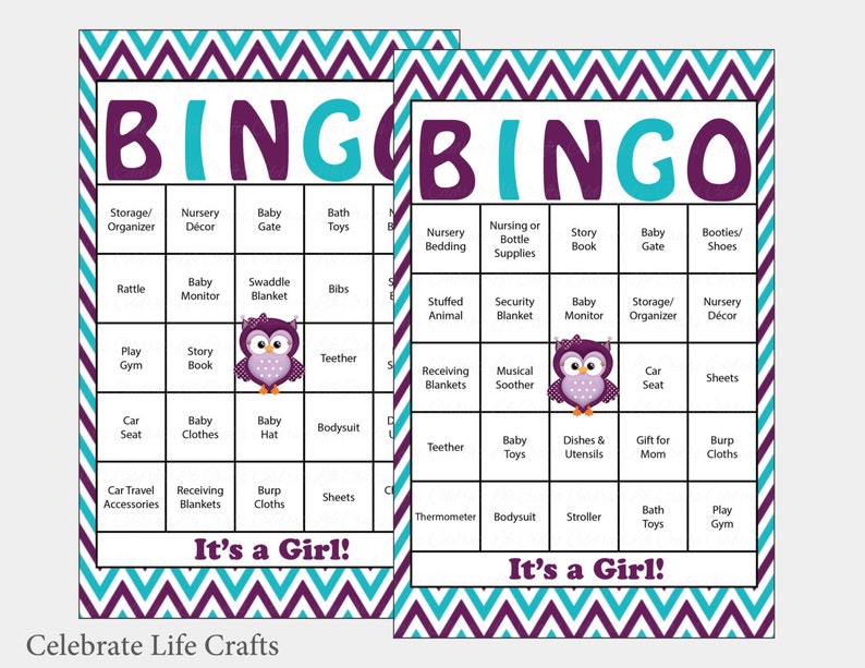 30 Owl Baby Shower Bingo Cards 30 Prefilled Bingo Cards Girl Baby Shower Game Purple Teal Chevron Printable Download B2007 image 1