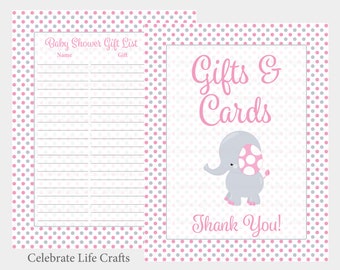 Baby Shower Gift List and Gift Table Sign - Printable Gift List Set & Table Sign -  Pink Girl Elephant Baby Shower - Instant Download B3002