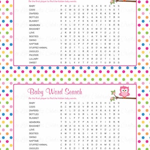 Baby Word Search Baby Shower Game with Answer Key Printable Baby Games Owl Baby Girl Rainbow Polka Dots B2009 image 2