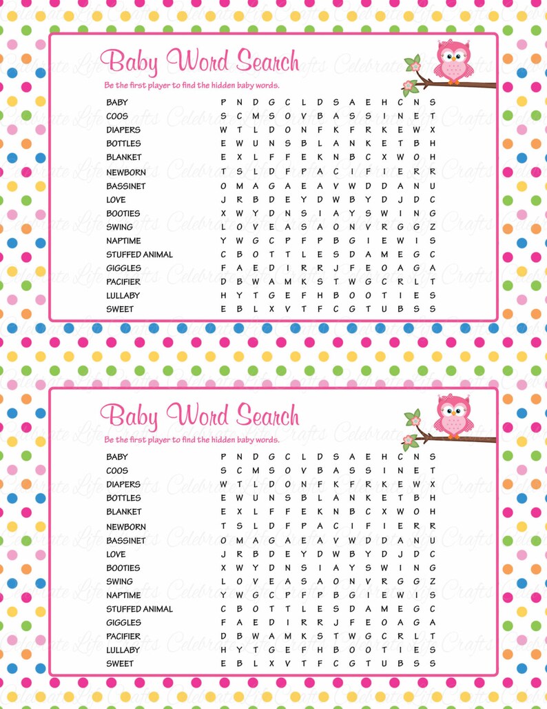 Baby Word Search Baby Shower Game with Answer Key Printable Baby Games Owl Baby Girl Rainbow Polka Dots B2009 image 2