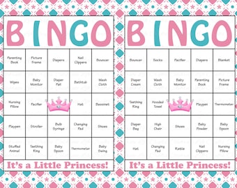 60 Baby Shower Bingo Cards - Printable Baby Girl - Instant Download- Pink Blue Tiara Crown Baby Shower Bingo - Princess Theme G013