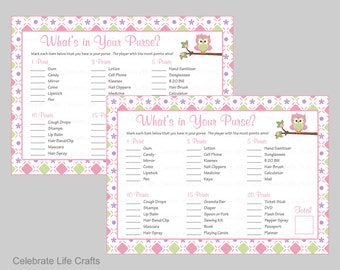 What's in Your Purse Baby Shower Game - Printable Owl Baby Shower Games - Pink Green Checkered Owl Baby Shower Theme  - B2010