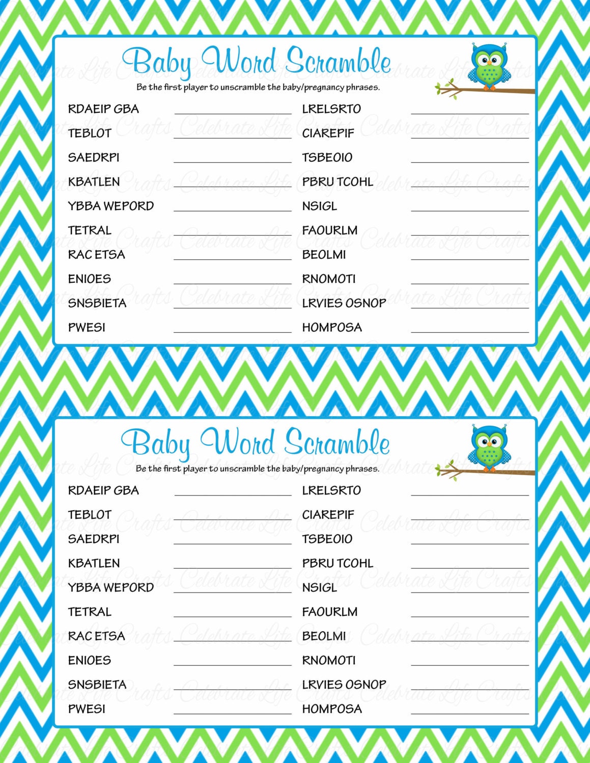 Baby Shower Word Scramble Game & Answer Key Printable Baby Shower Games