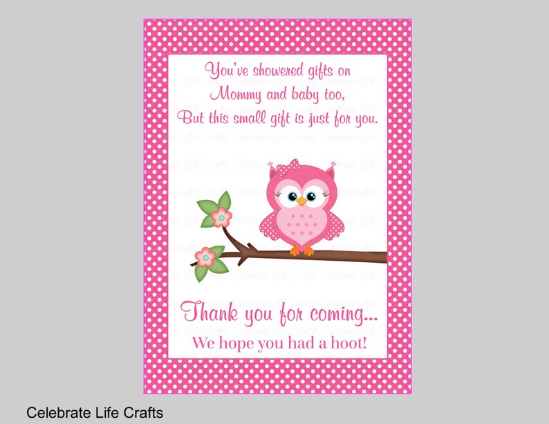 Owl Baby Shower Thank You Favor Sign Printable Baby Shower Favor Table Sign Baby Girl Shower Pink Polka Owl Baby Shower Theme B2003 image 1