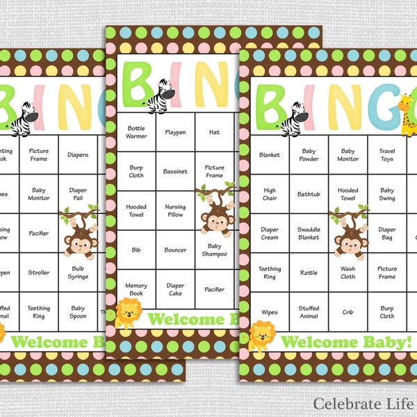 30 Safari Baby Shower Bingo Karten - druckbare Party - Instant Download - Dschungel Tiere Baby Shower Bingo Junge Affe Elefant Zebra N019