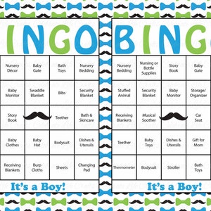 100 Little Man Baby Shower Bingo Cards Prefilled Bingo Cards Boy Baby Shower Game Blue Green Printable Download B1001 image 2