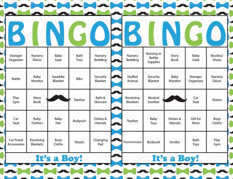 100 Little Man Baby Shower Bingo Cards Prefilled Bingo Cards Boy Baby Shower Game Blue Green Printable Download B1001 image 2