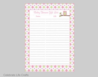 Owl Baby Shower Gift List - Printable Baby Gift List - Owl Baby Shower Theme - Pink Green Checkered Owl Baby Girl - B2010