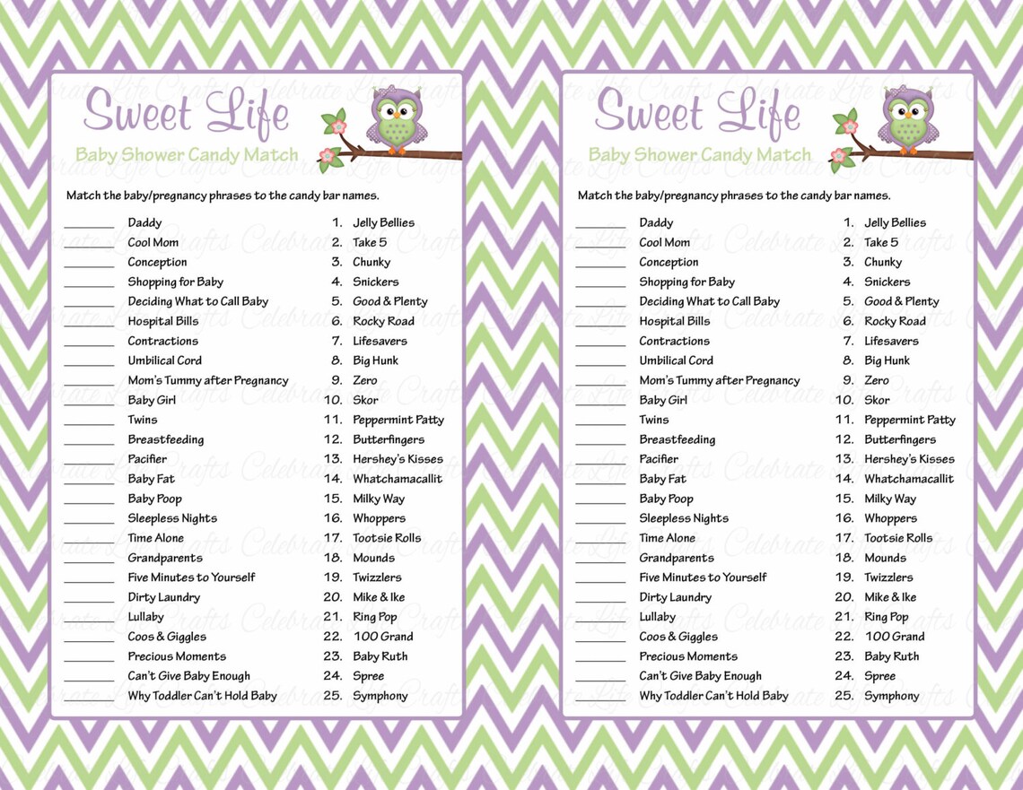sweet life baby shower game with answer key printable candy etsy