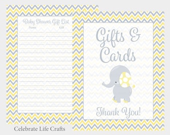 Elephant Baby Shower Gift List and Gift Table Sign - Printable Gift Record Baby Gifts - Yellow Elephant Baby Shower - PDF Download B3005