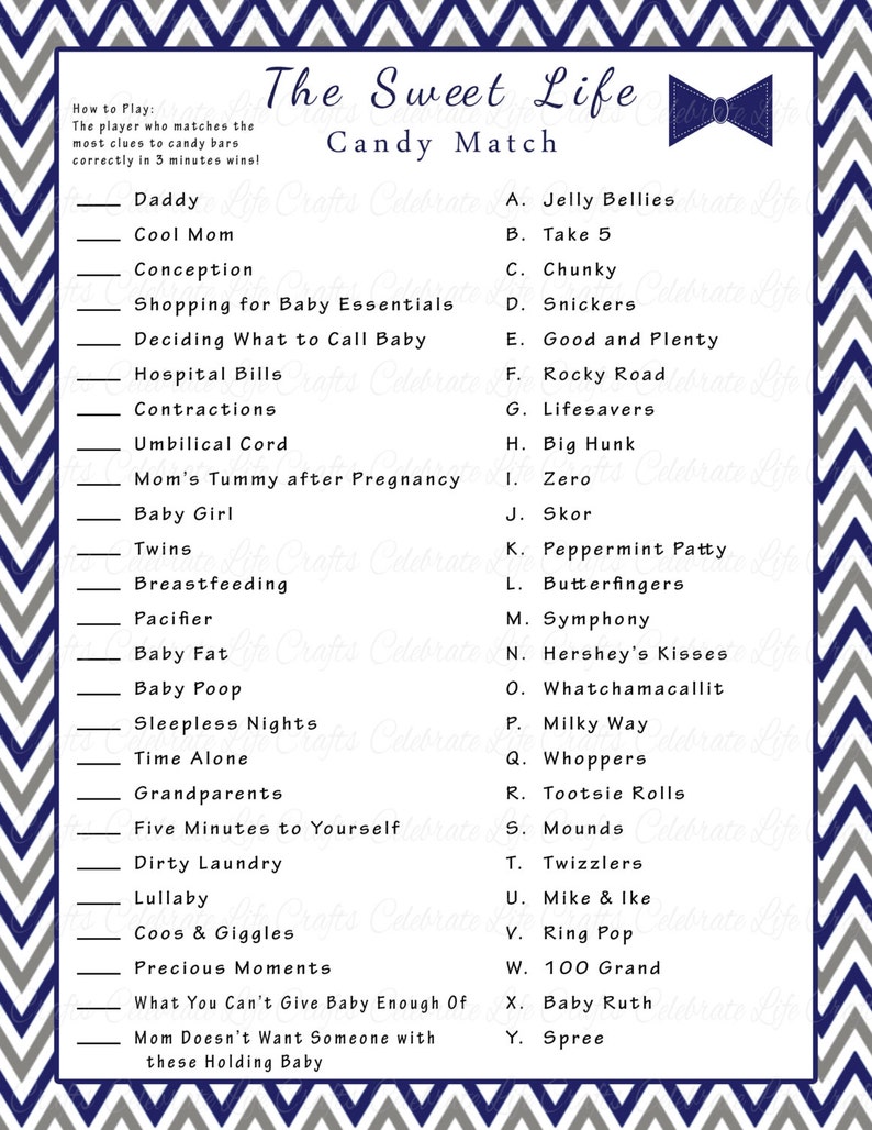 Baby Shower Sweet Life Candy Bar Match Game Printable Baby Shower Games Navy Gray Chevron with Bowtie for Baby Boy image 1