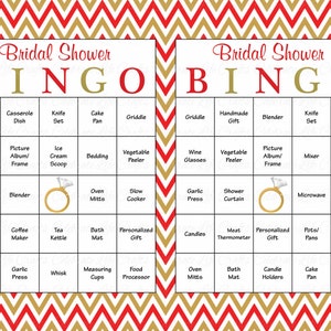 60 Bridal Bingo Cards Blank & 60 Prefilled Cards Printable Bridal Shower Game Download Bridal Shower Games Red Gold Bridal BR007 image 1